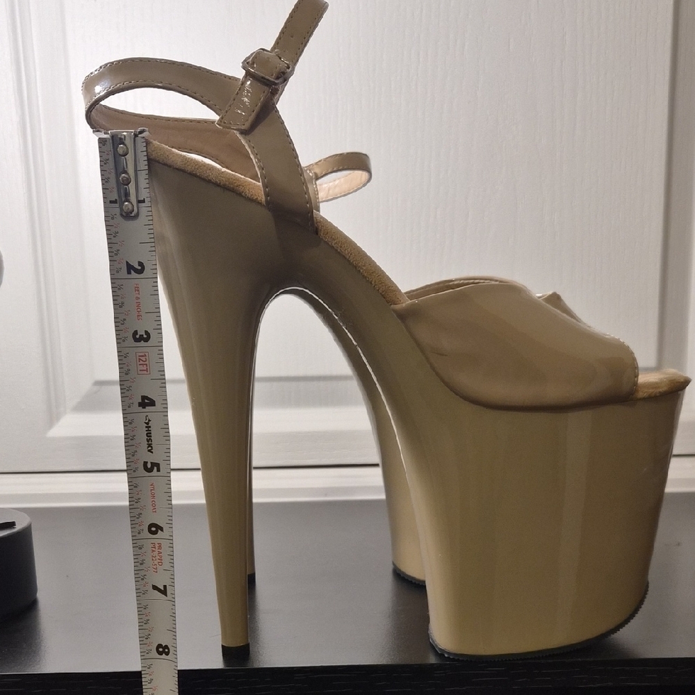 Pleaser Beige Patent Platform Sandals with Ankle Strap - Picture 3 of 11